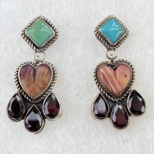 Sterling Nakai signed Navajo Heart Drop Earrings with turquoise and other gems